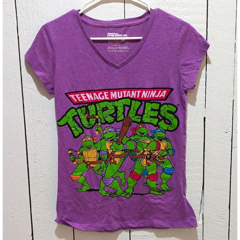 Nickelodeon Womens Purple Teenage Mutant Ninja Turtles Graphic V-Neck Tee Size L